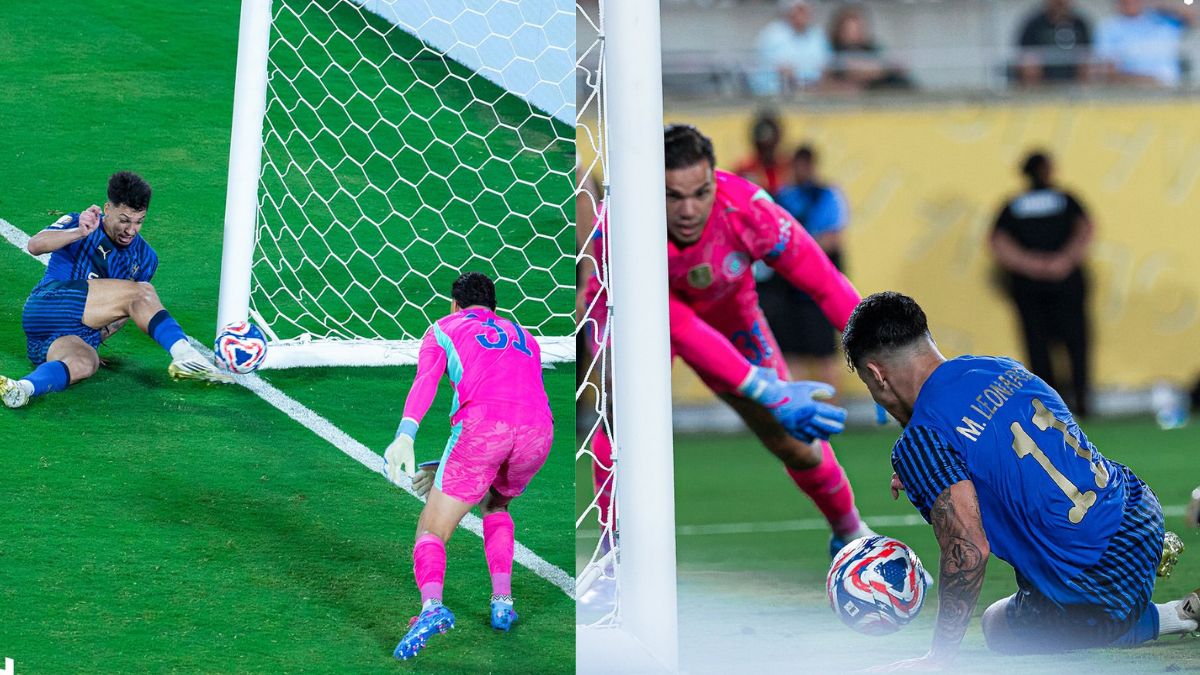 Frente e verso: O brasileiro Marcos Leonardo vence o compatriota Ederson, do Manchester City, e marca o gol da vitória do Al Hilal - Reprodução / Instagram @alhilal