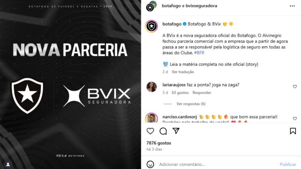 Botafogo anunciou seguradora Bvix sem exposição na camisa - Reprodução / Instagram @botafogo