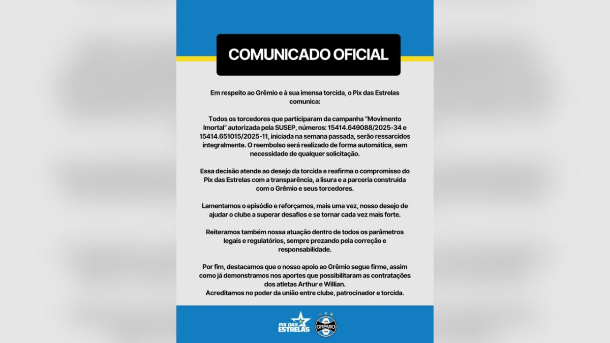 Comunicado oficial do Pix das Estrelas aos torcedores do Grêmio, veiculado no Instagram - Reprodução / Instagram @pixdasestrelasoficial