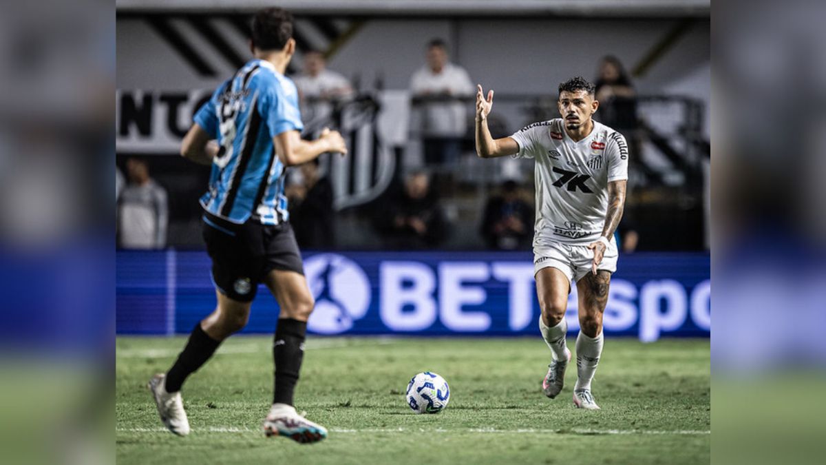 Tiquinho Soares, do Santos, tenta passar pela marcação de Wagner Leonardo, do Grêmio - Raul Baretta/ Santos