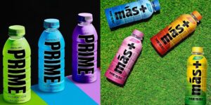 Bebidas Prime, de Logan Paul, e Más, de Lionel Messi, com design parecidos - Divulgação