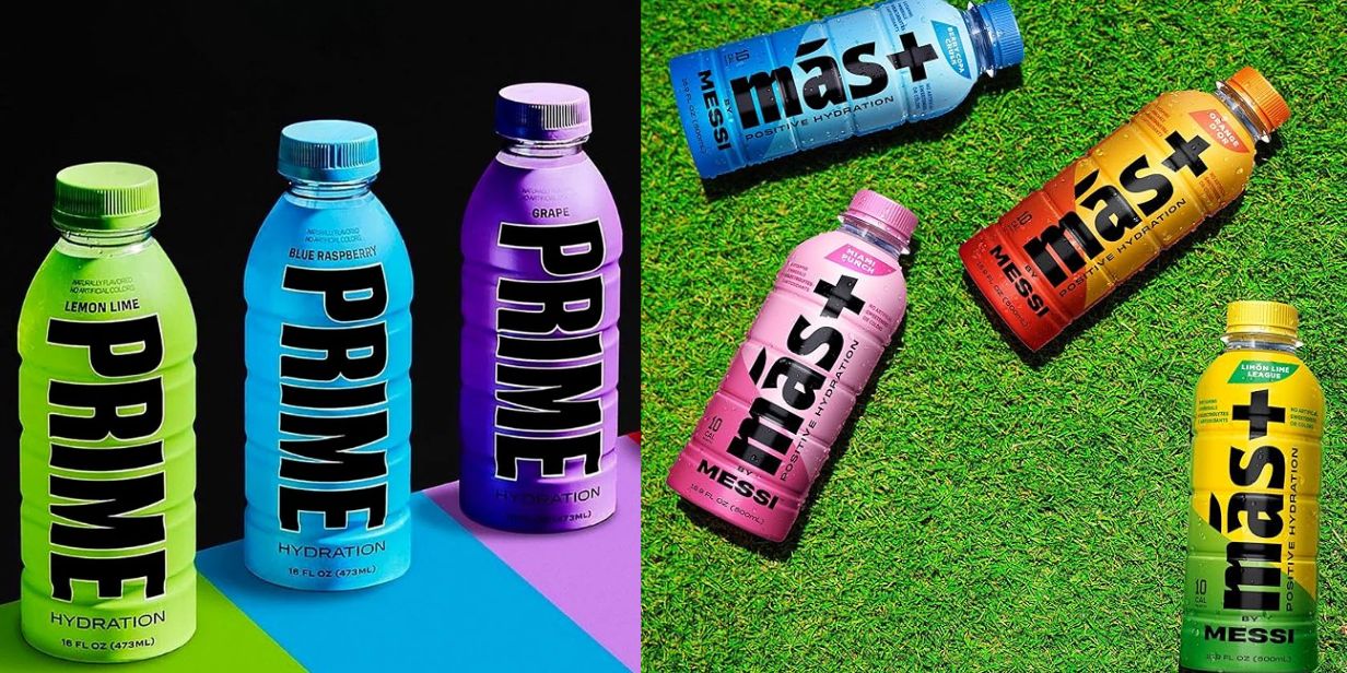 Bebidas Prime, de Logan Paul, e Más, de Lionel Messi, com design parecidos - Divulgação
