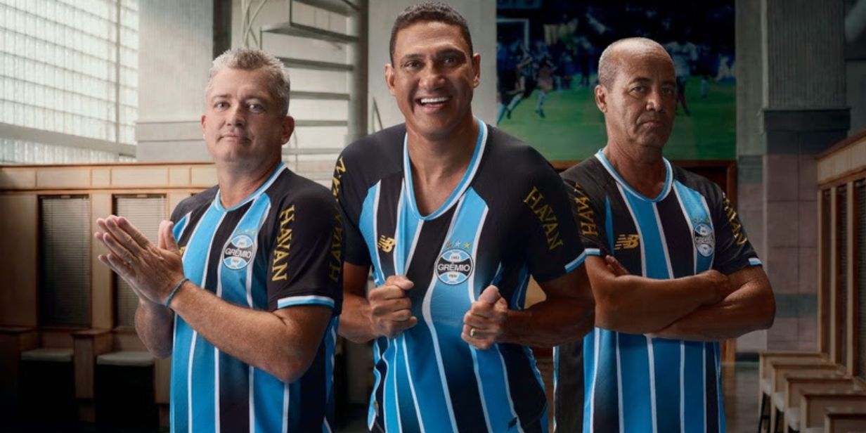 Carlos Miguel, Zé Afonso e Aílton apresentam a nova camisa do Grêmio com a New Balance para 2026 - Divulgação