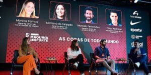 Monica Ramos, Mariana de Felippes, Marcelo Fernandes e Paulo Andrade durante debate no 5º Fórum Máquina do Esporte - Diogo Anhasco/Fotop