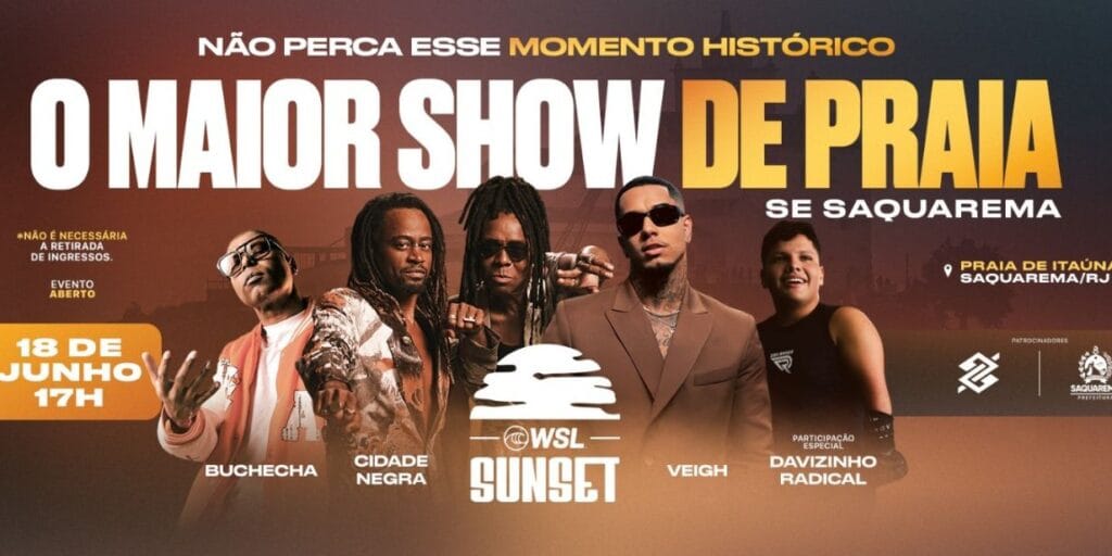 WSL Sunset terá Cidade Negra, Veigh, Buchecha marcando abertura do Vivo Rio Pro 2026