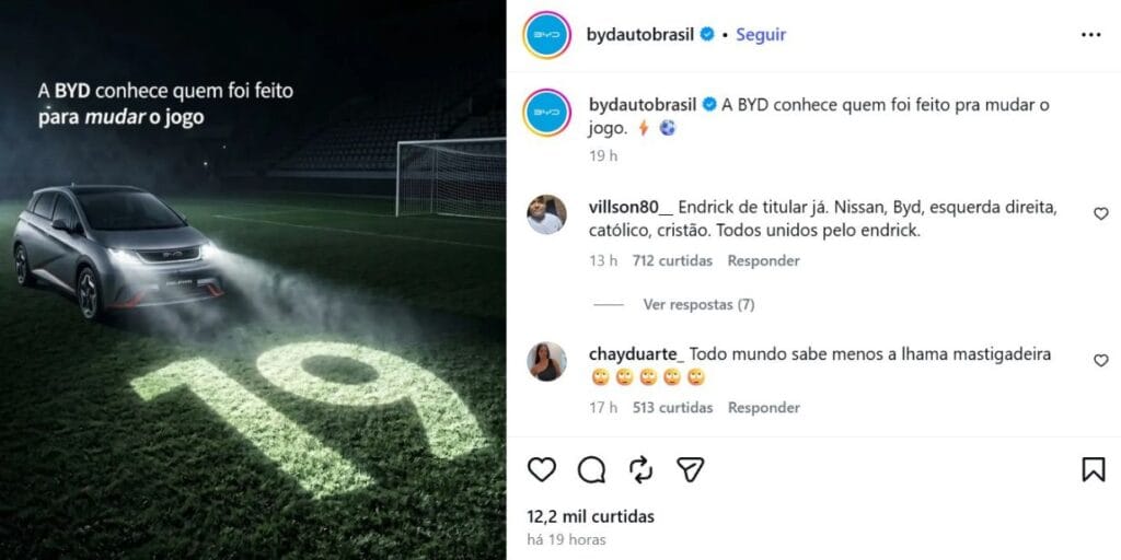 Publicação da BYD com o número 19, de Endrick, mesmo sem ter relação com o atacante ou com a CBF - Reprodução/Instagram @bydautobrasil