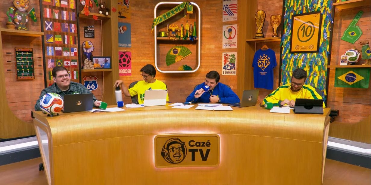 Equipe de transmissão da CazéTV no jogo entre Brasil x Haiti pela fase de grupos da Copa do Mundo de 2026 - Reprodução / YouTube (CazéTV)