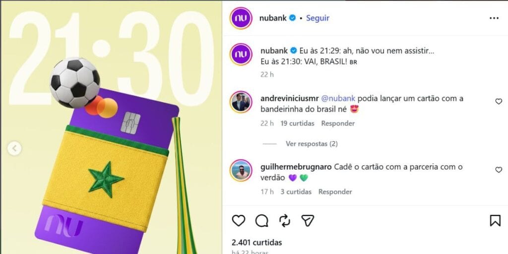 Post do Nubank que faz alusão ao jogo da seleçaõ brasileira contra o Haiti - Reprodução/Instagram @nubank
