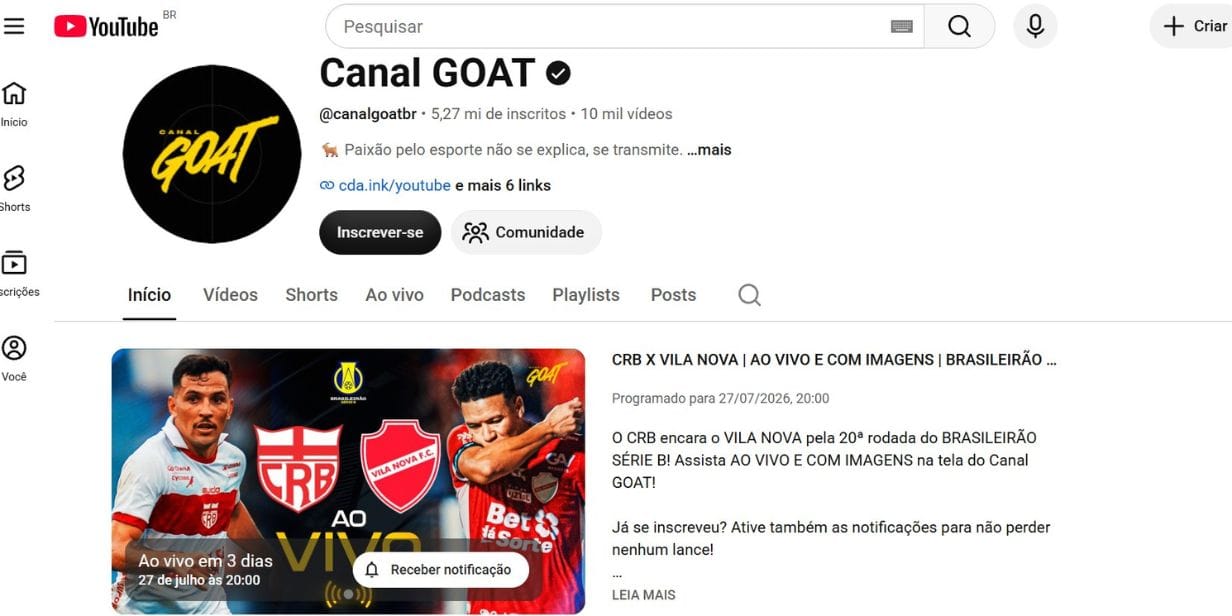 Página inicial do Canal Goat n YouTube - Reprodução