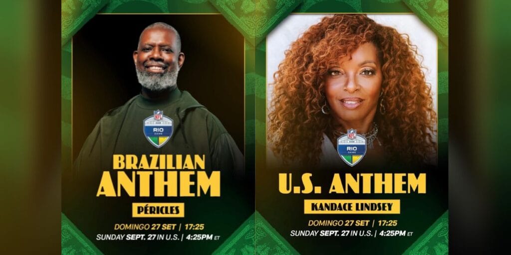 Péricles e Kandace Lindsey cantarão hinos de Brasil e EUA no NFL Rio Game 2026