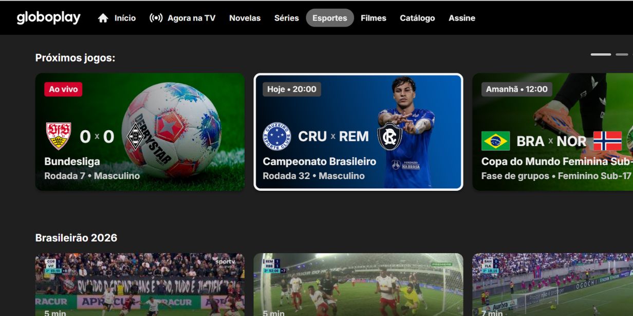 Tela de atrações esportivas do Globoplay - Reprodução