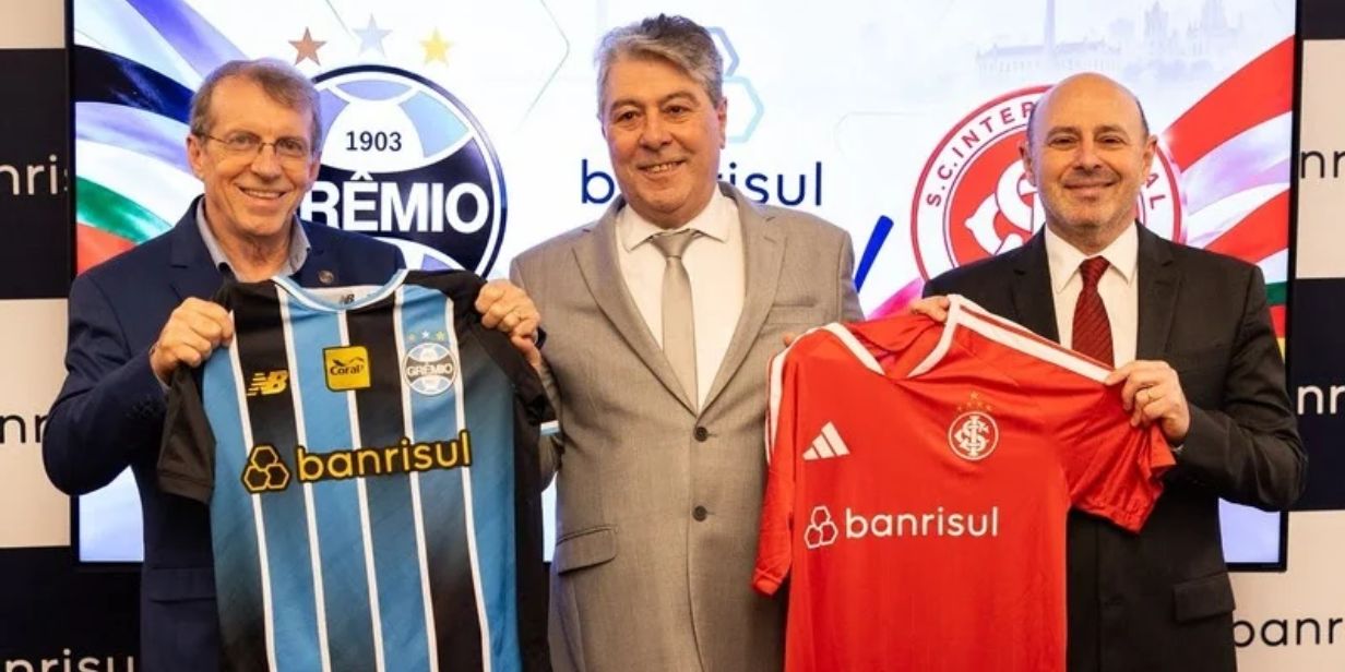 Odorigo Roman (Grêmio), Fernando Lemos (Banrisul) e Alessandro Barcellos (Internacional) no anúncio - Reinaldo Foltz/Divulgação